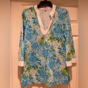 Lilly Pulitzer Floral V-Neck Women's Tunic Top- Blue and Green